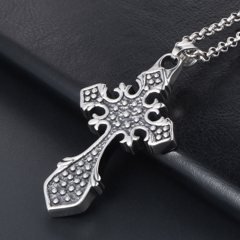 Unisex Elegant Titanium Steel Cross Flower Pendant Necklace for Men and Women