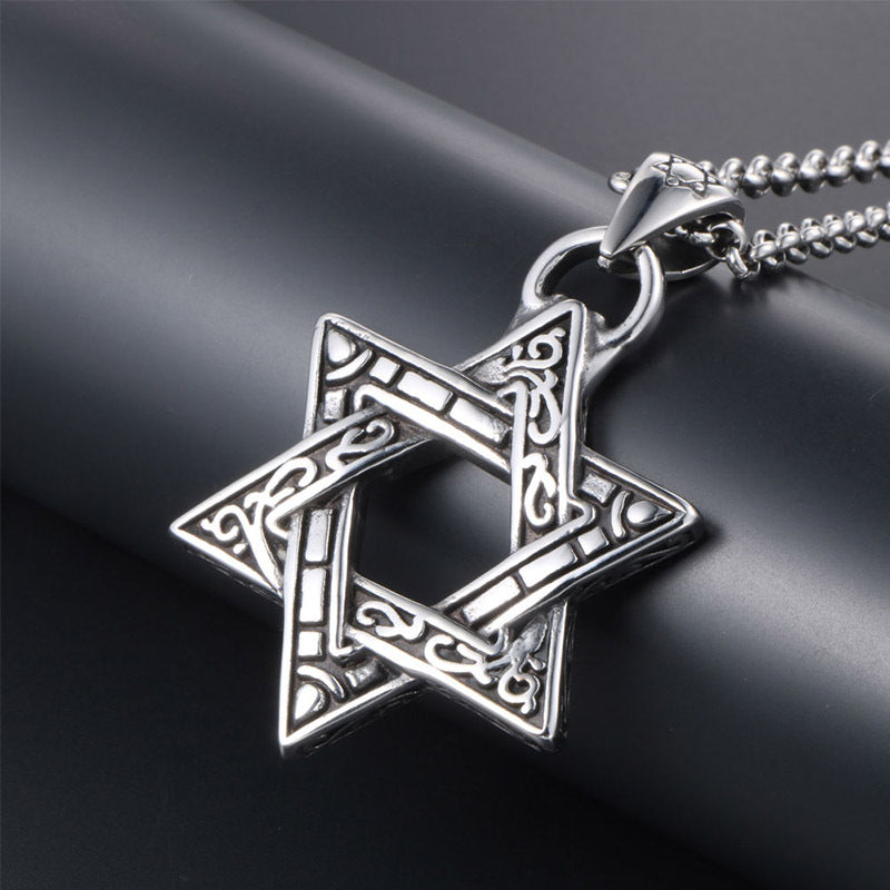 Retro Three-Dimensional Hexagram Titanium Steel Necklace Pendant for Men