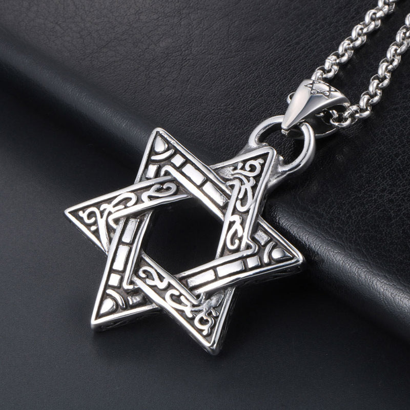 Retro Three-Dimensional Hexagram Titanium Steel Necklace Pendant for Men