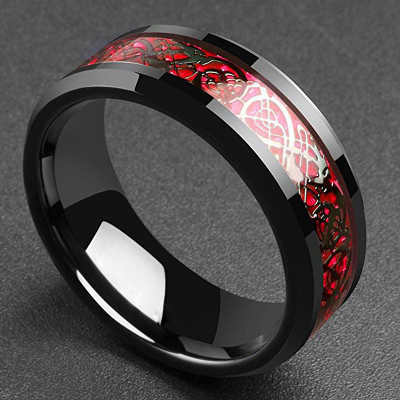 Fiery Red Carbon Fiber Dragon Pattern Men's Ring - Exclusive European and American Design