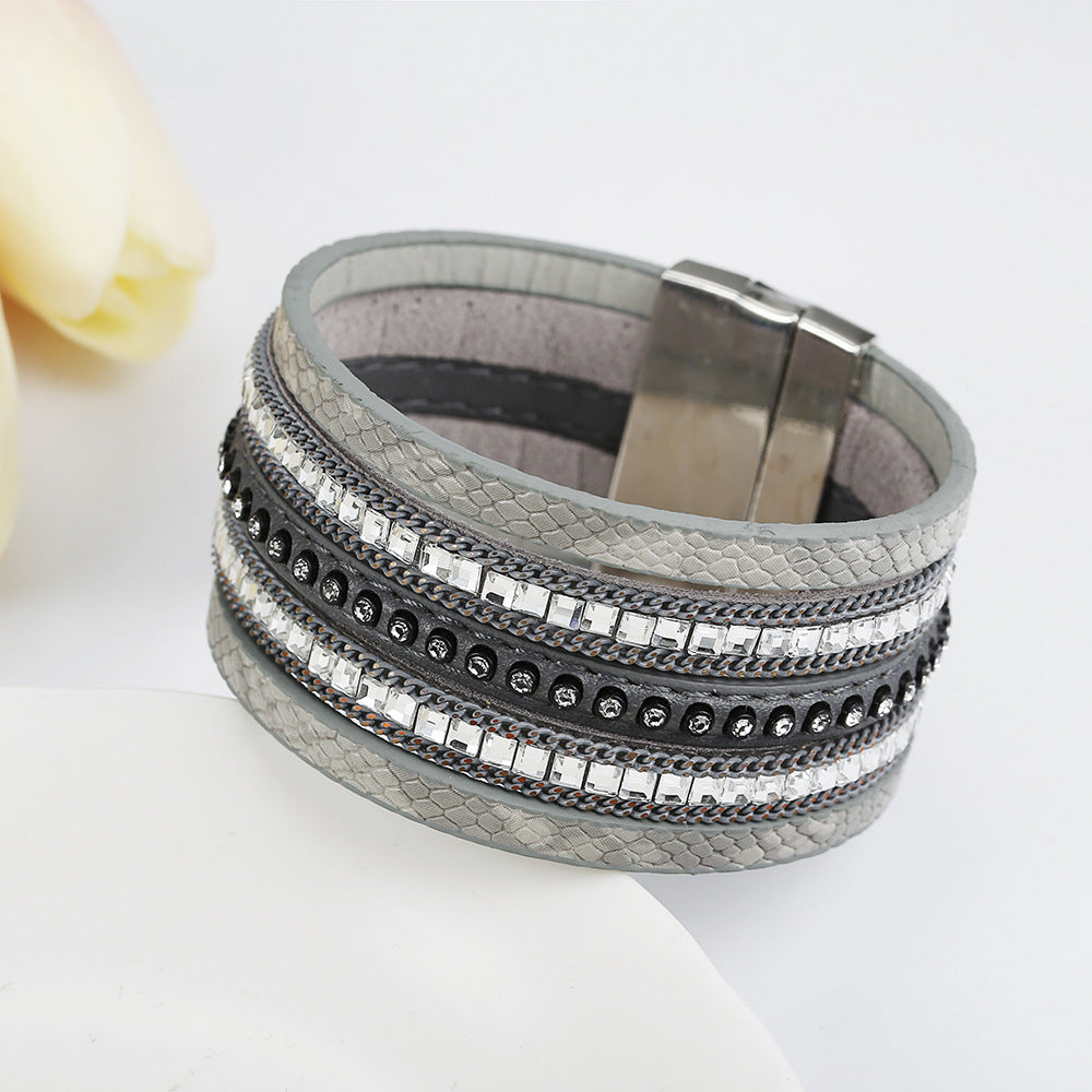 Vienna Verve Rhinestone Leather Bracelet with Magnetic Buckle - Wholesale Explosion