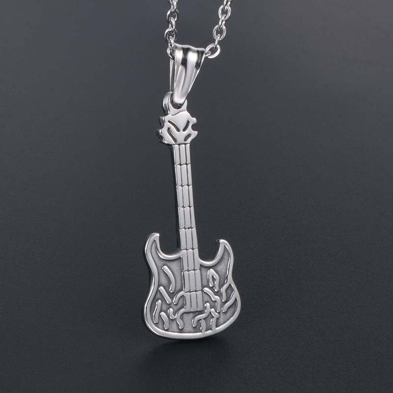 Trendy Titanium Steel Guitar Pendant Necklace for Stylish Men - Fashionable Jewelry for Music Enthusiasts