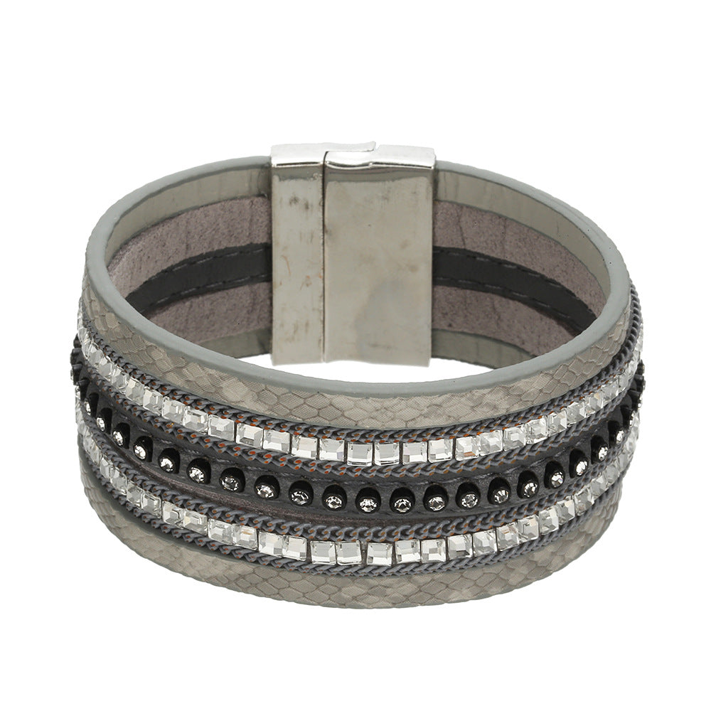 Vienna Verve Rhinestone Leather Bracelet with Magnetic Buckle - Wholesale Explosion