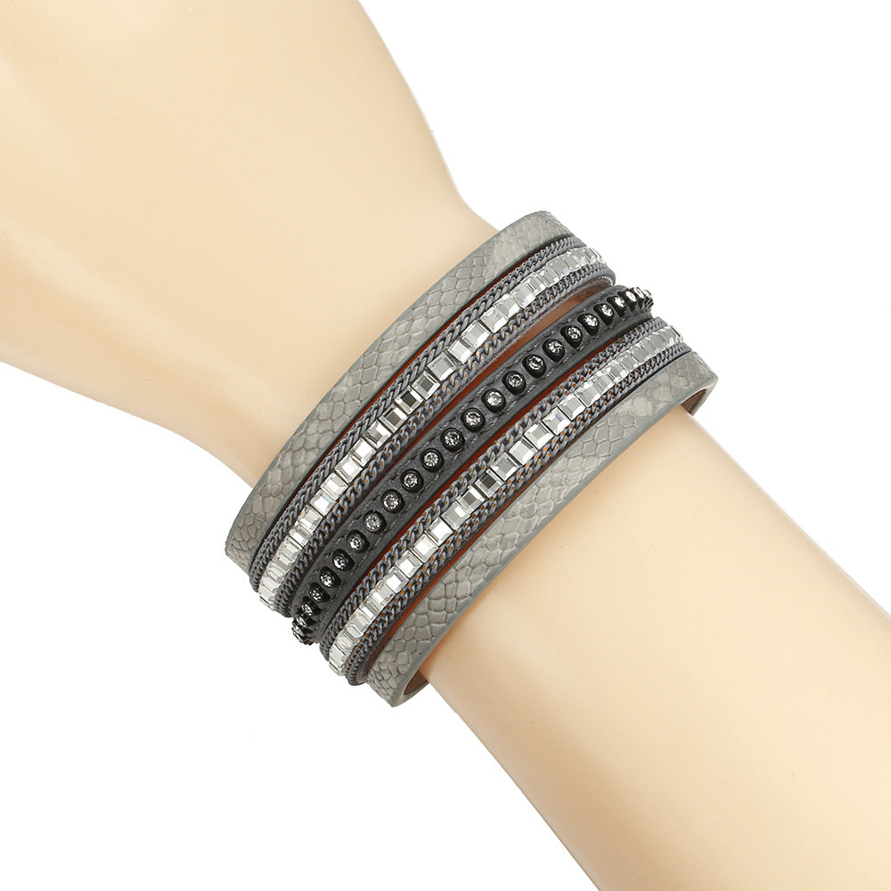 Vienna Verve Rhinestone Leather Bracelet with Magnetic Buckle - Wholesale Explosion