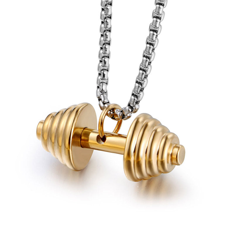 Couples' Gold Dumbbell Necklace - Stylish Titanium Steel Weightlifting Pendant for Men