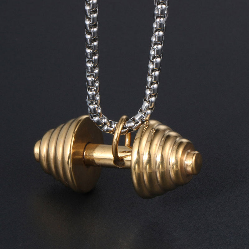 Couples' Gold Dumbbell Necklace - Stylish Titanium Steel Weightlifting Pendant for Men