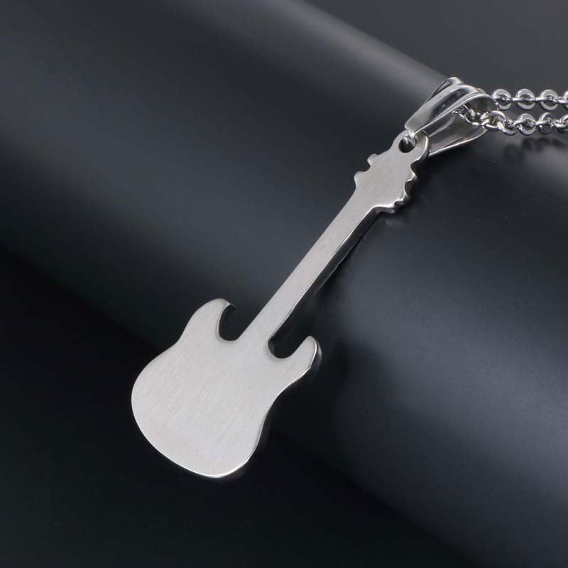 Trendy Titanium Steel Guitar Pendant Necklace for Stylish Men - Fashionable Jewelry for Music Enthusiasts