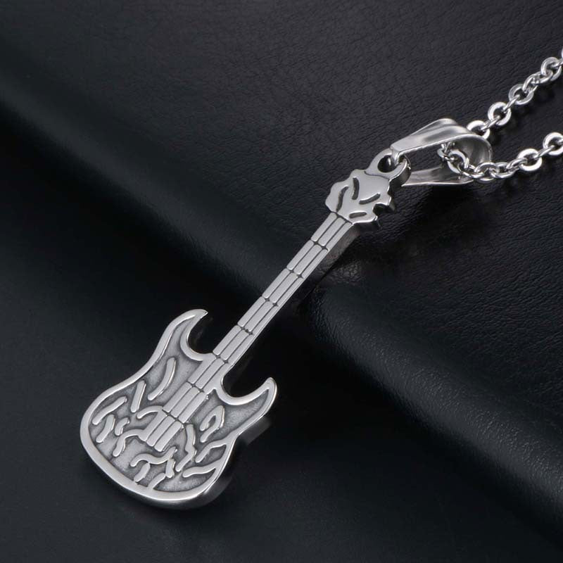 Trendy Titanium Steel Guitar Pendant Necklace for Stylish Men - Fashionable Jewelry for Music Enthusiasts