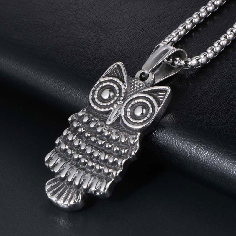 Vintage-Inspired Personalized Big-Eyed Owl Titanium Steel Pendant Necklace for Men