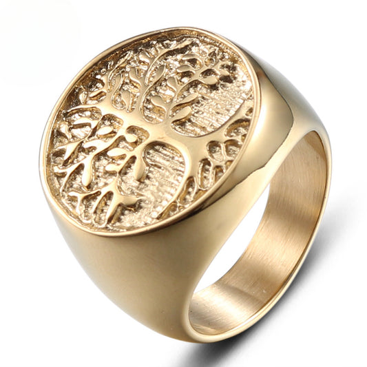 Bold Golden Tree of Life Titanium Steel Ring - Personalized Punk Jewelry for Men