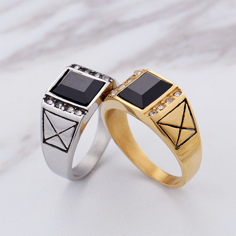 Stylish Vintage Stainless Steel Men's Fashion Rings with Gold Zircon - Wholesale Hand Jewelry