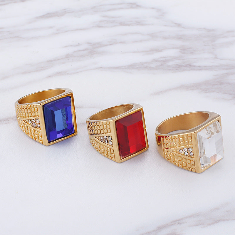 Wholesale Stainless Steel Retro Gemstone Gold Ring for Men - Stylish Domineering Fashion Accessory