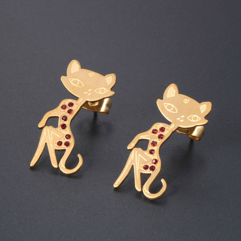 Customized Rose Gold Cat Lover Stud Earrings - 18K Gold Plated Titanium Steel Jewelry for Women