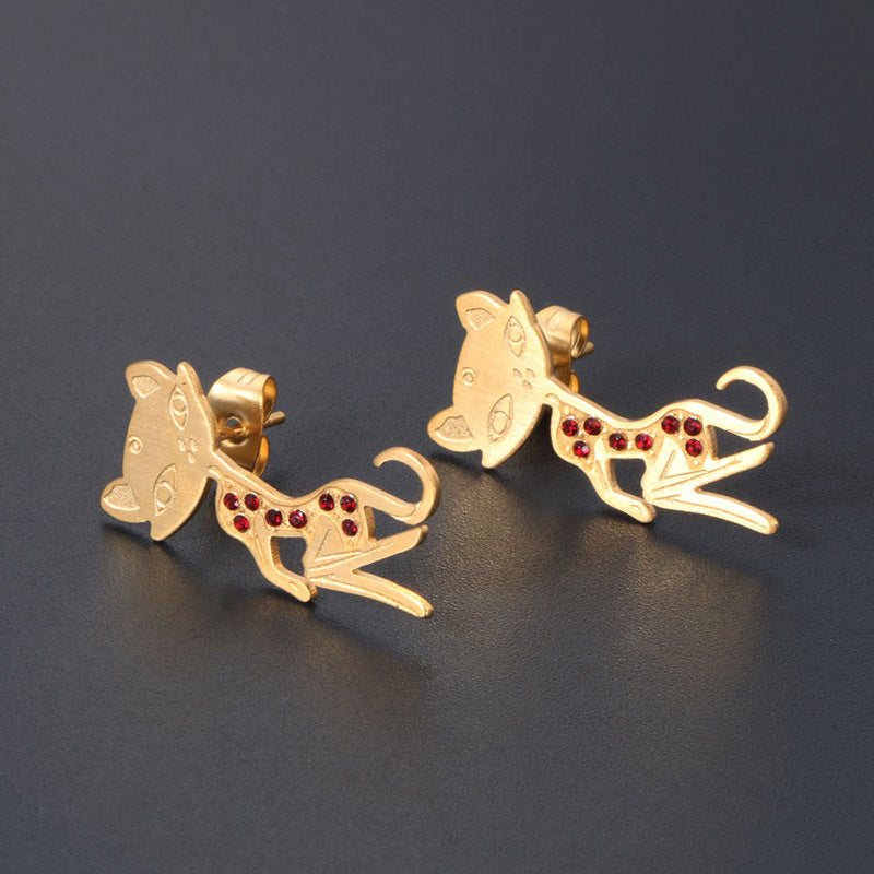 Customized Rose Gold Cat Lover Stud Earrings - 18K Gold Plated Titanium Steel Jewelry for Women