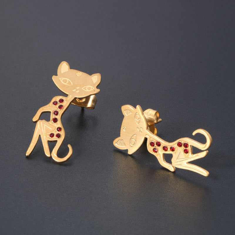 Customized Rose Gold Cat Lover Stud Earrings - 18K Gold Plated Titanium Steel Jewelry for Women