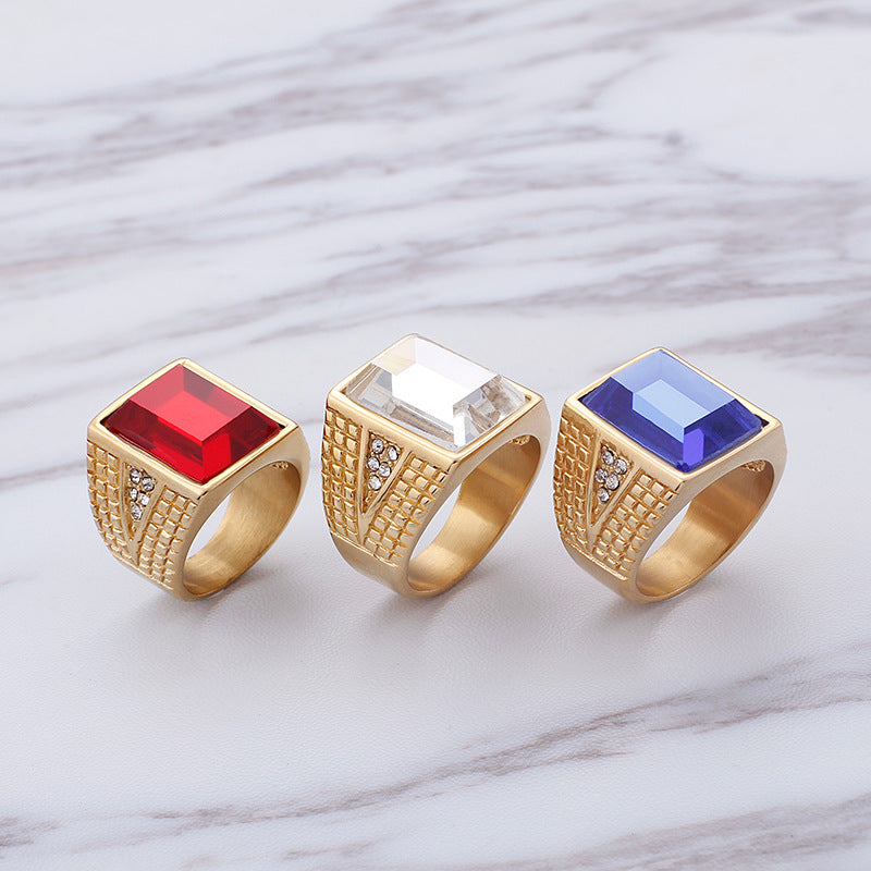 Wholesale Stainless Steel Retro Gemstone Gold Ring for Men - Stylish Domineering Fashion Accessory