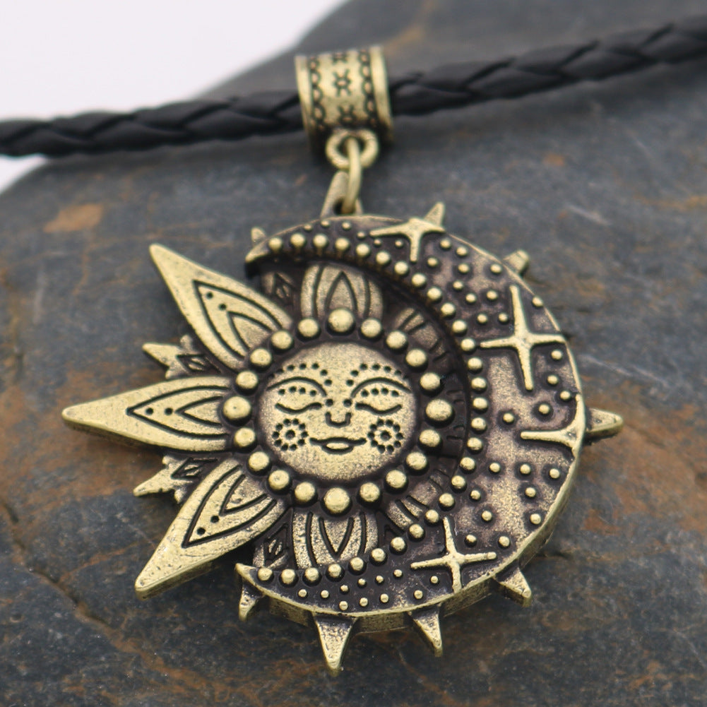 Sun Smiling Face and Celestial Necklace Mandala Flower Pendant Viking Jewelry for Men and Women