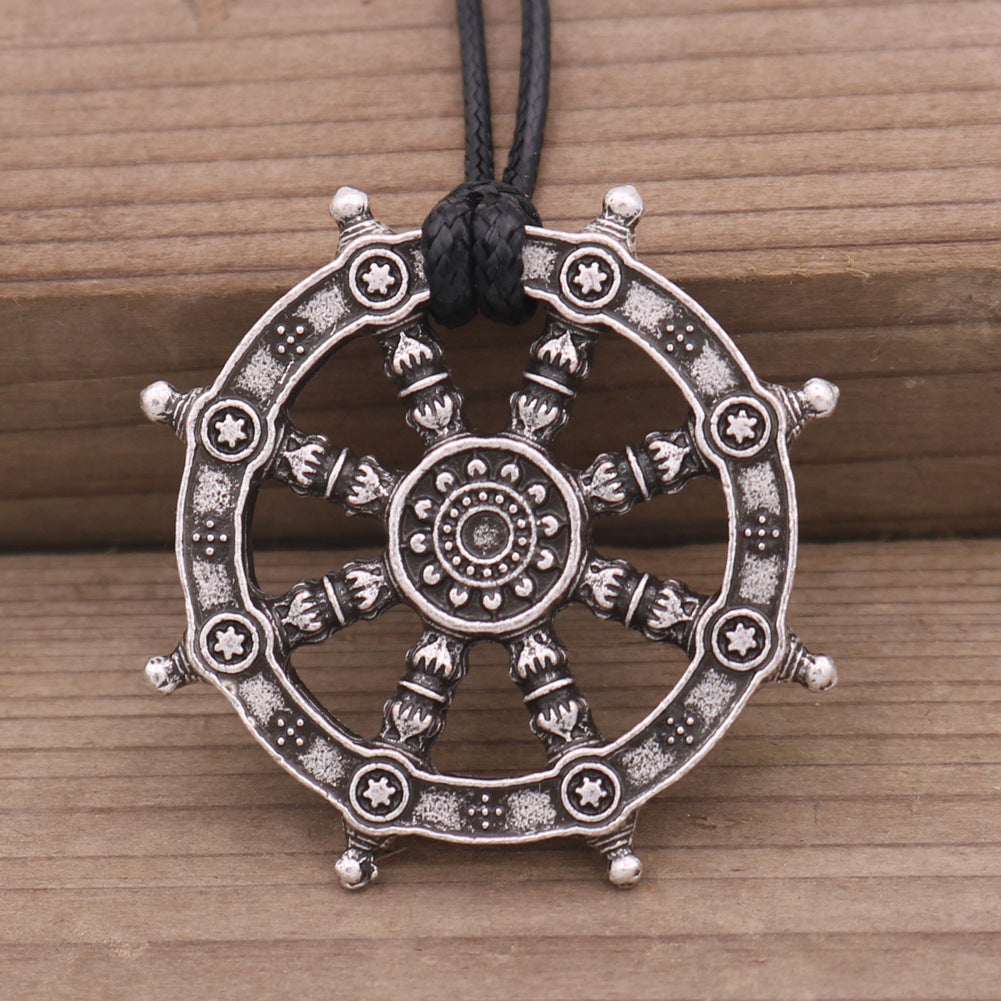 Viking Compass Ship Wheel Necklace with Norse Myth Rune Pendant - Retro Men's Neckpiece