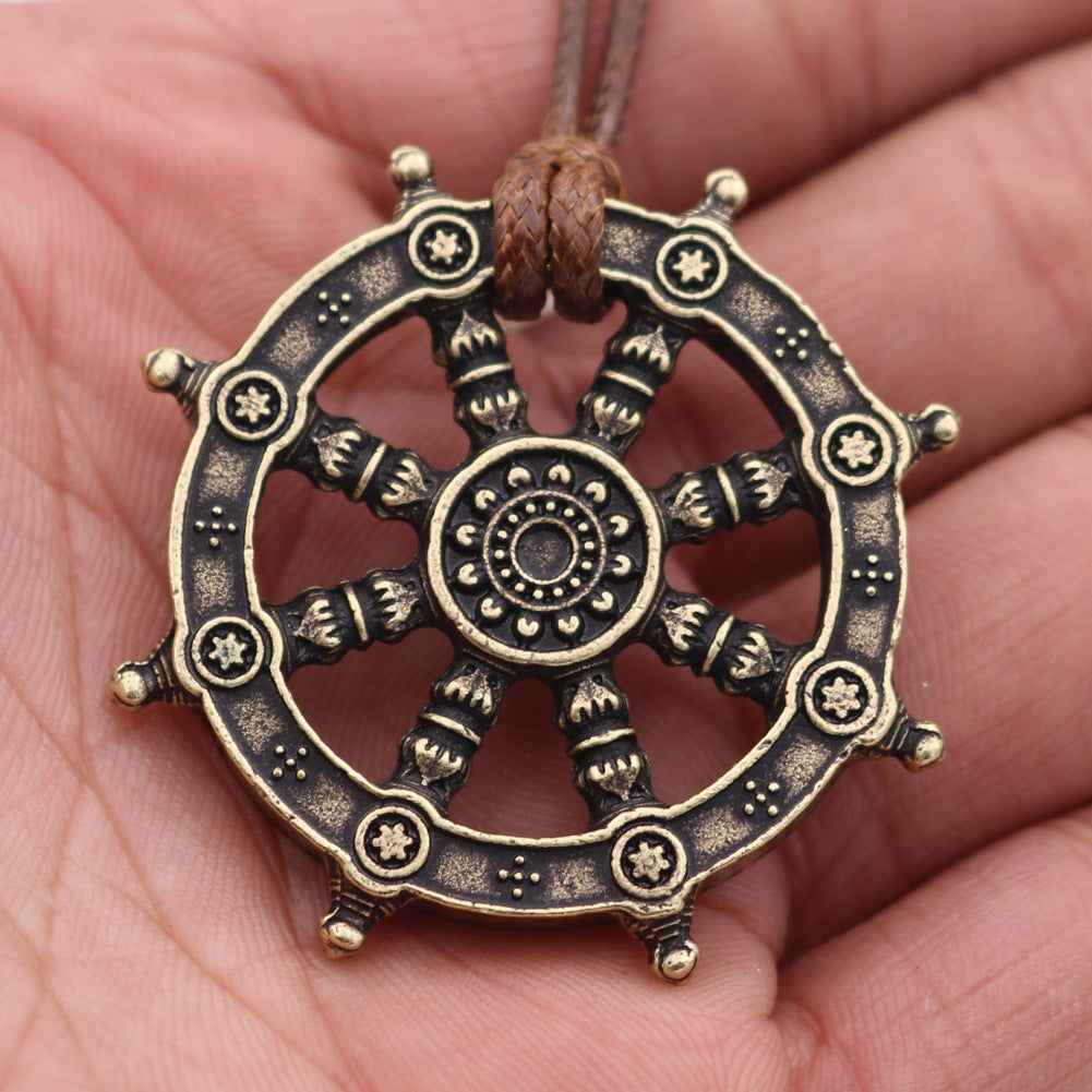 Viking Compass Ship Wheel Necklace with Norse Myth Rune Pendant - Retro Men's Neckpiece