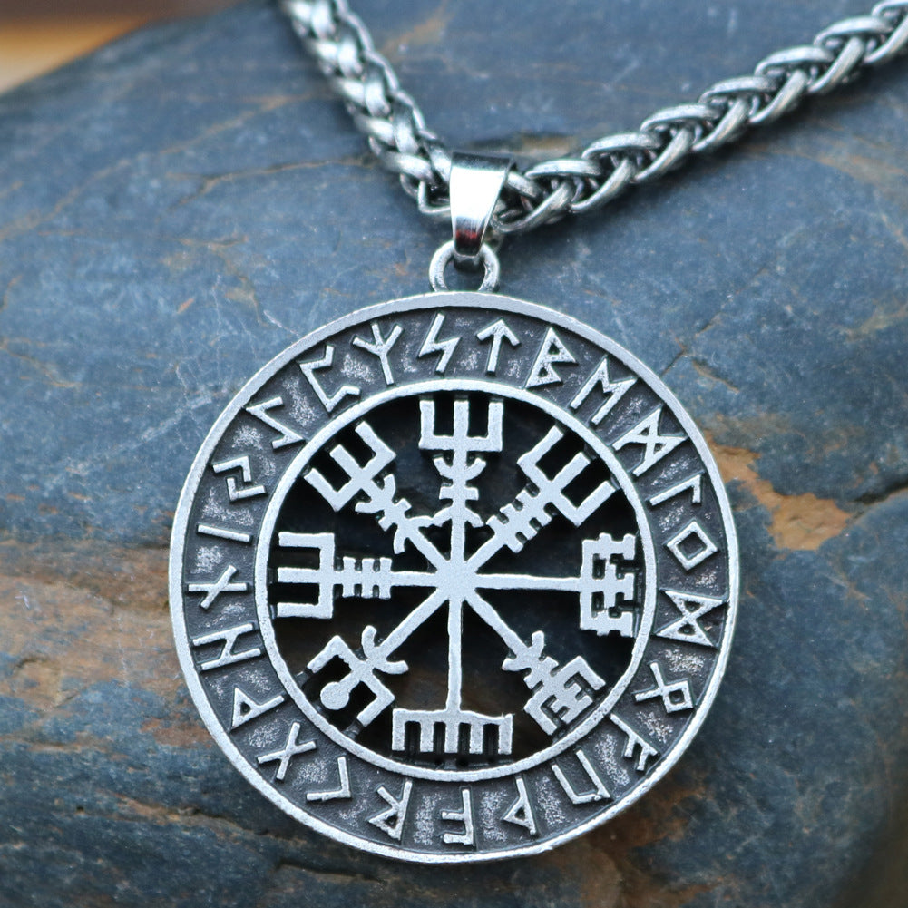 Viking Compass Odin Logo Necklace - Nordic Runavon Metal Pendant