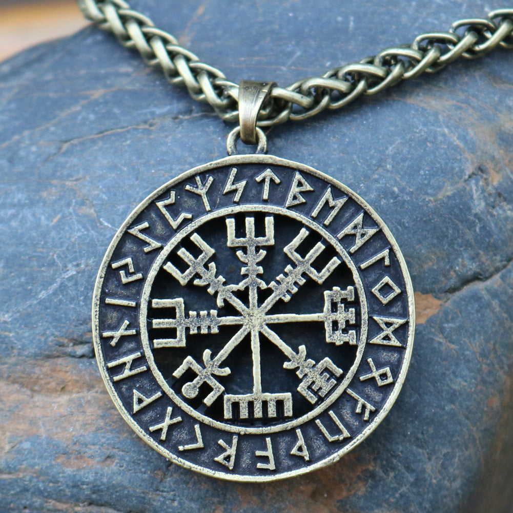 Viking Compass Odin Logo Necklace - Nordic Runavon Metal Pendant