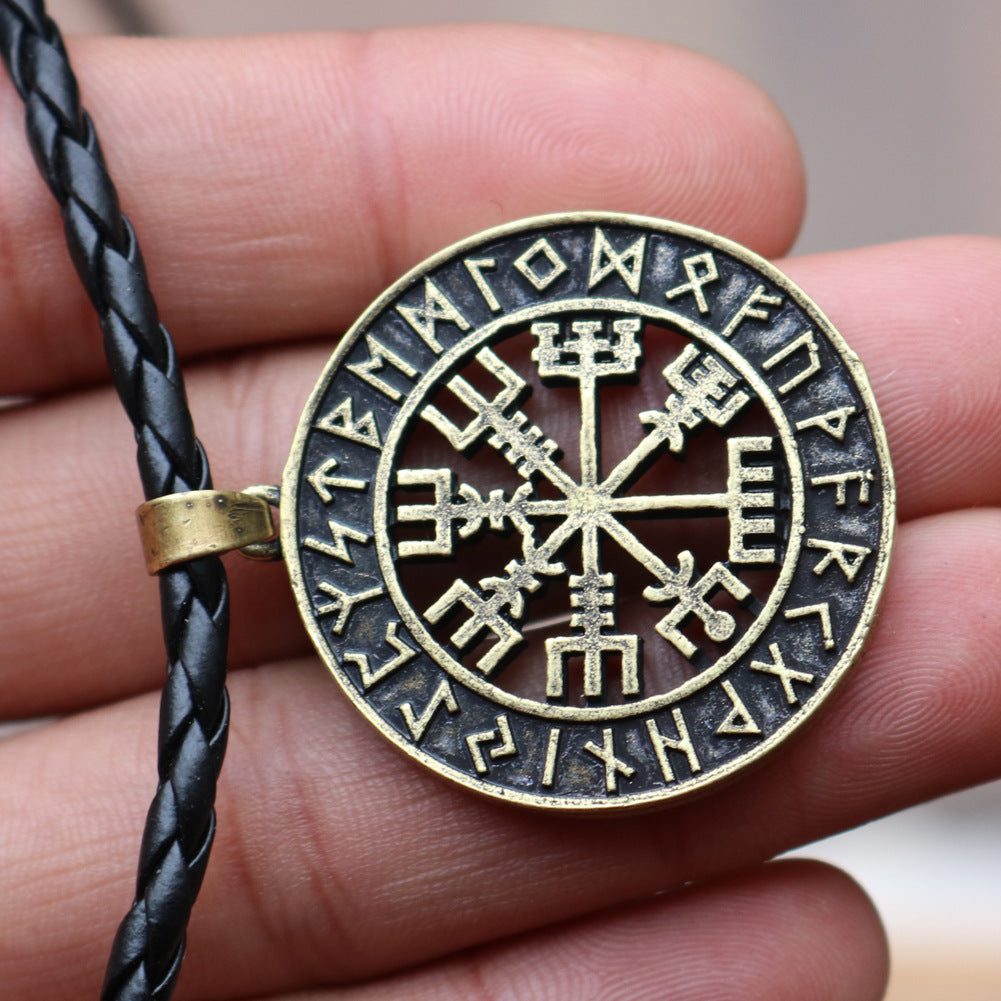 Viking Compass Odin Logo Necklace - Nordic Runavon Metal Pendant