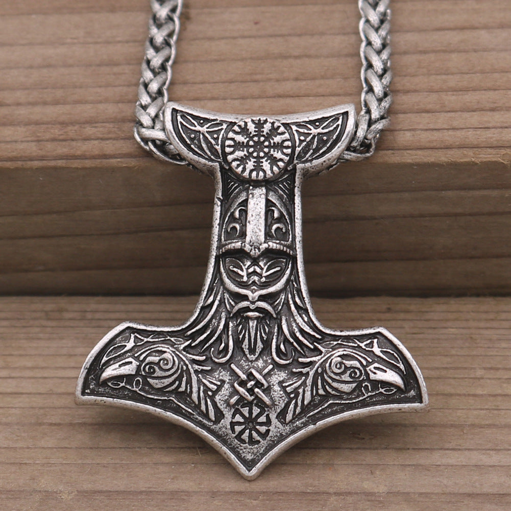 Norse Legacy Double-sided Viking Odin Crow and Thor Hammer Pendant Necklace for Men