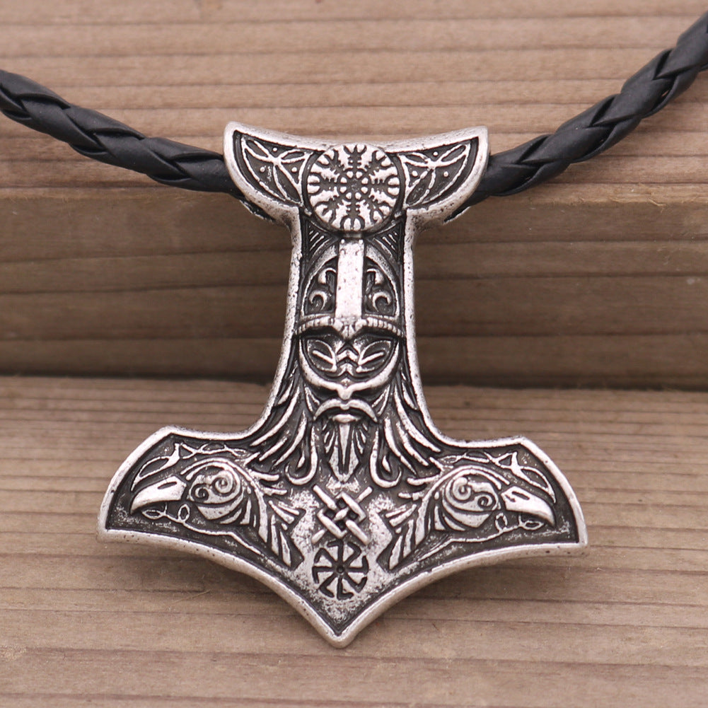 Norse Legacy Double-sided Viking Odin Crow and Thor Hammer Pendant Necklace for Men