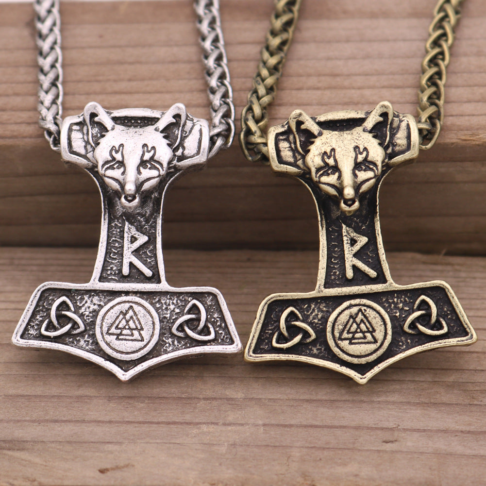 Viking Thor's Hammer Necklace with Norse Symbols - Men's Metal Amulet