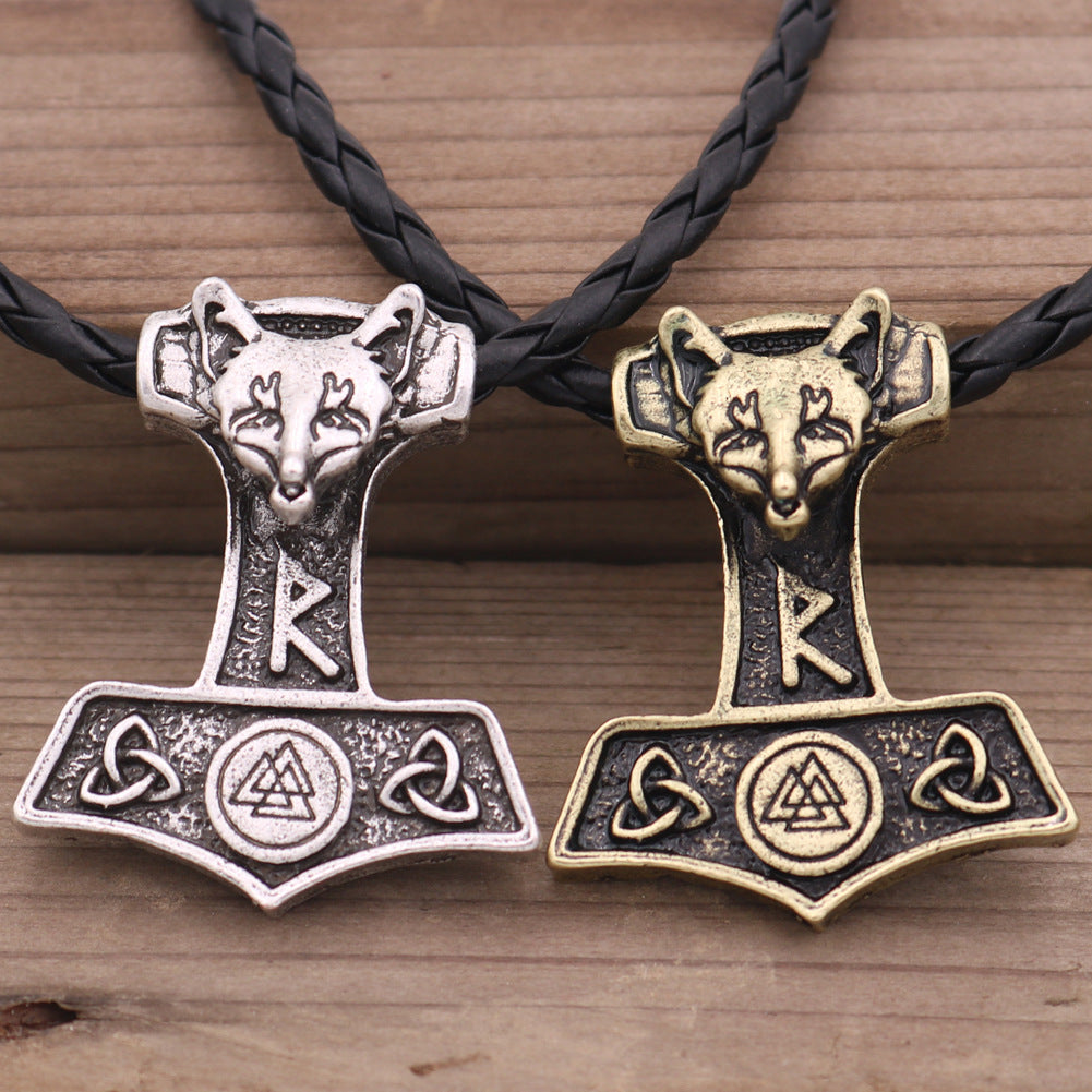 Viking Thor's Hammer Necklace with Norse Symbols - Men's Metal Amulet