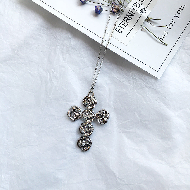 Exaggerated Retro Rose Cross Necklace with European Charm