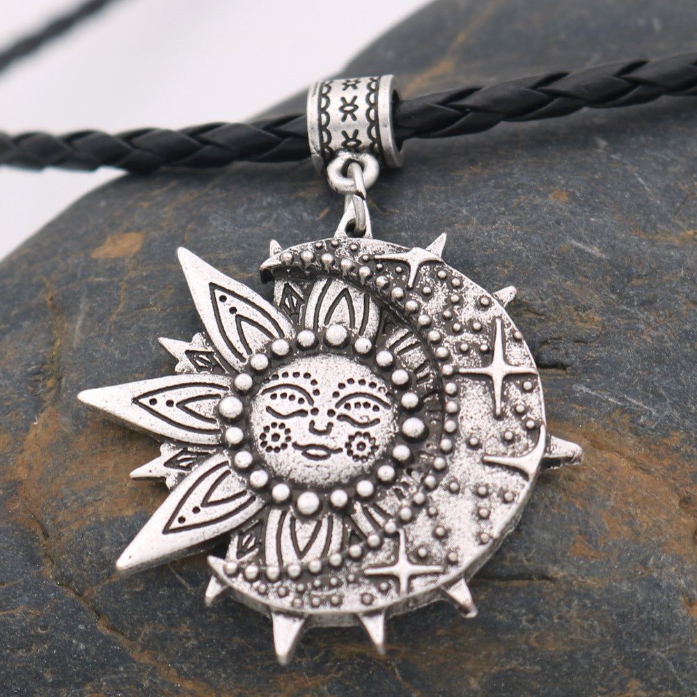 Sun Smiling Face and Celestial Necklace Mandala Flower Pendant Viking Jewelry for Men and Women