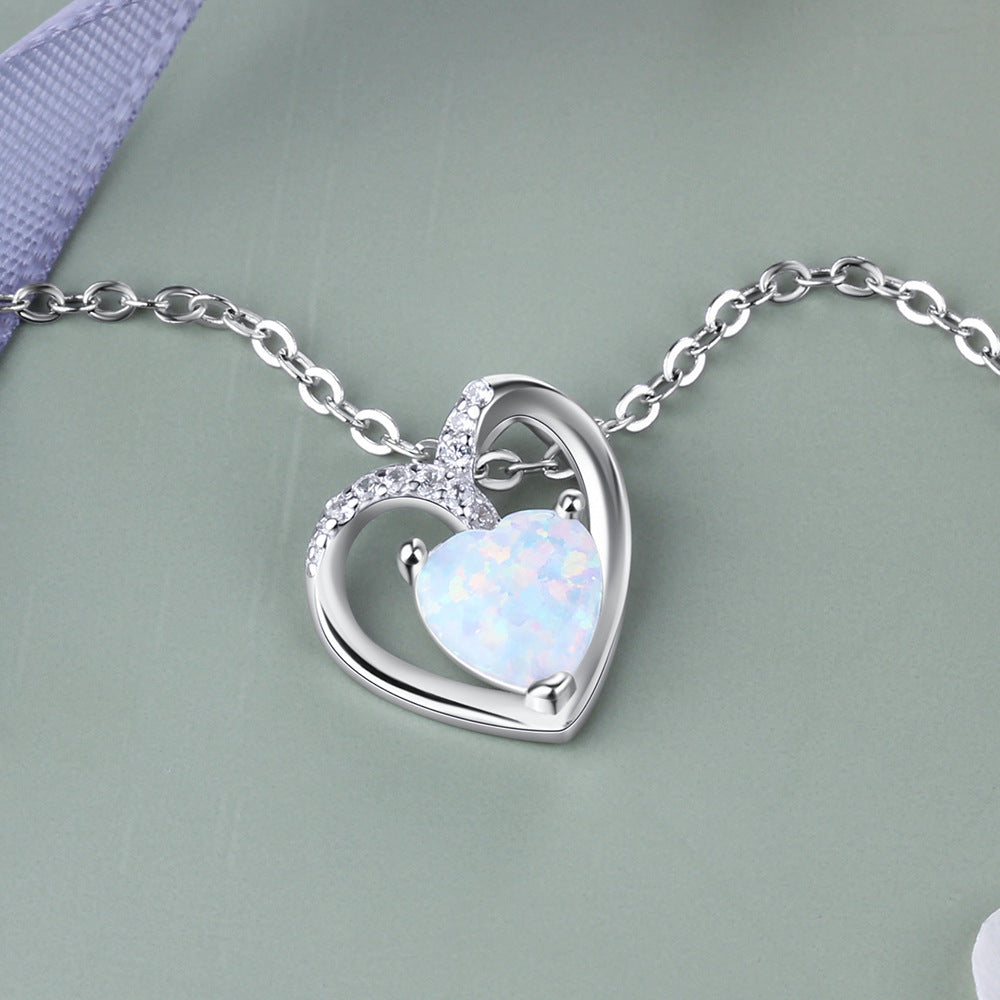 Hollow Heart Pendant with Heart Shape Opal Zircon Sterling Silver Necklace