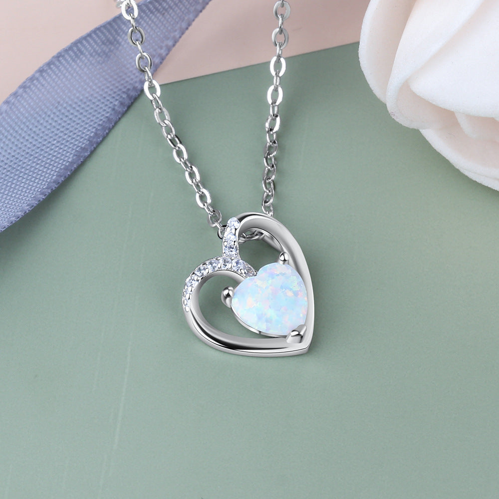 Hollow Heart Pendant with Heart Shape Opal Zircon Sterling Silver Necklace