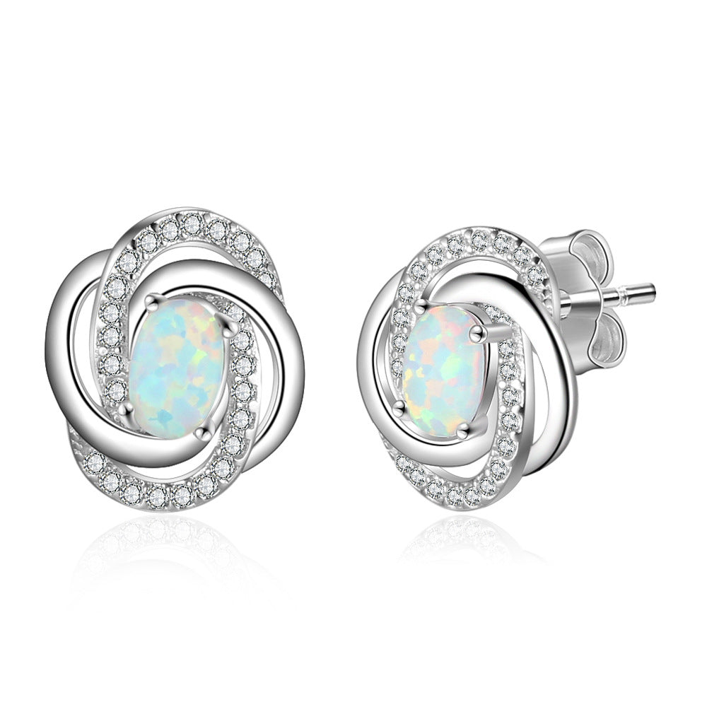 Zircon Spiral Design Oval Opal Sterling Silver Stud Earrings