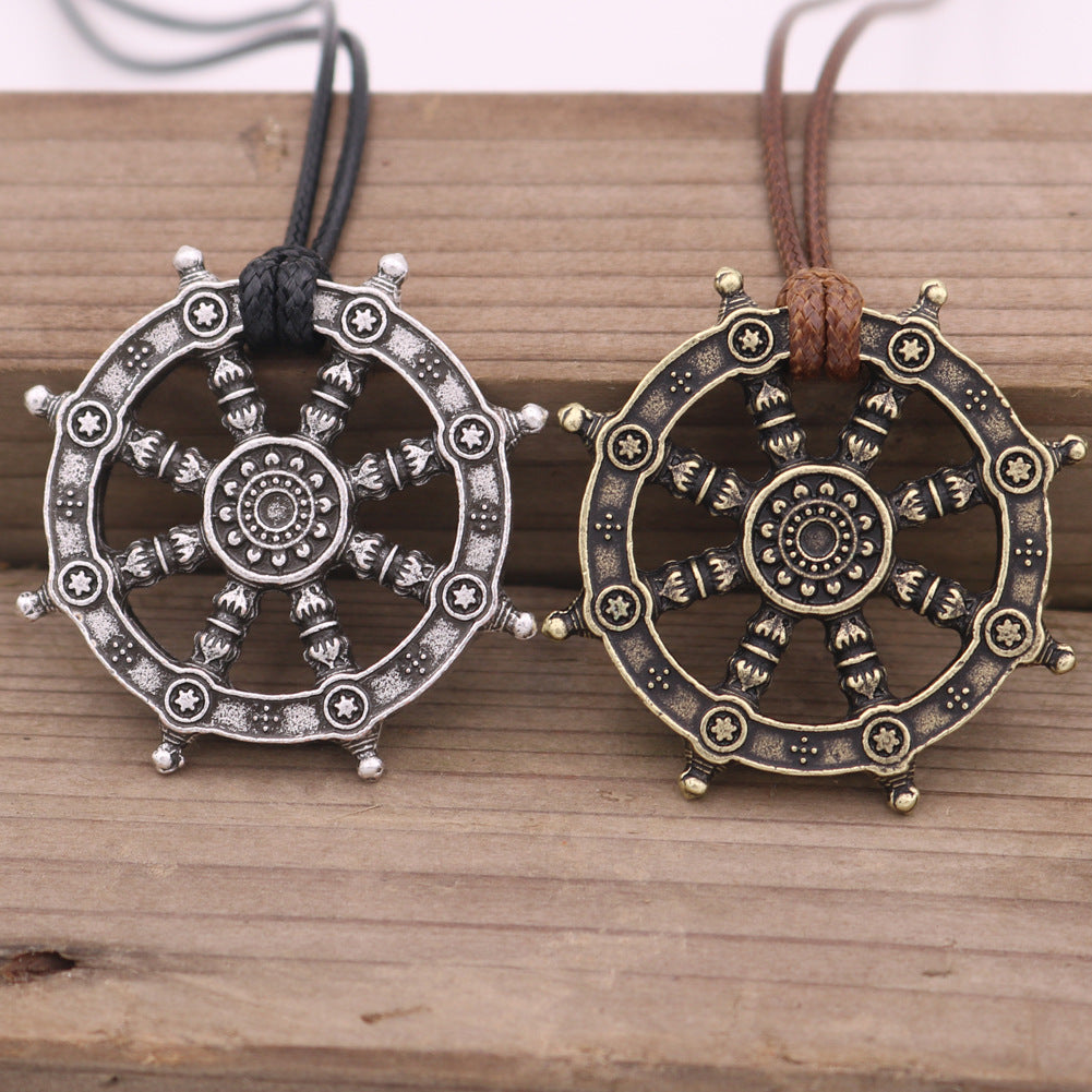 Viking Compass Ship Wheel Necklace with Norse Myth Rune Pendant - Retro Men's Neckpiece