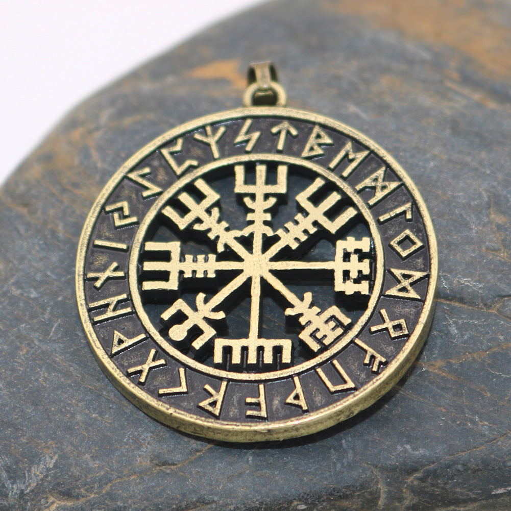 Viking Compass Odin Logo Necklace - Nordic Runavon Metal Pendant