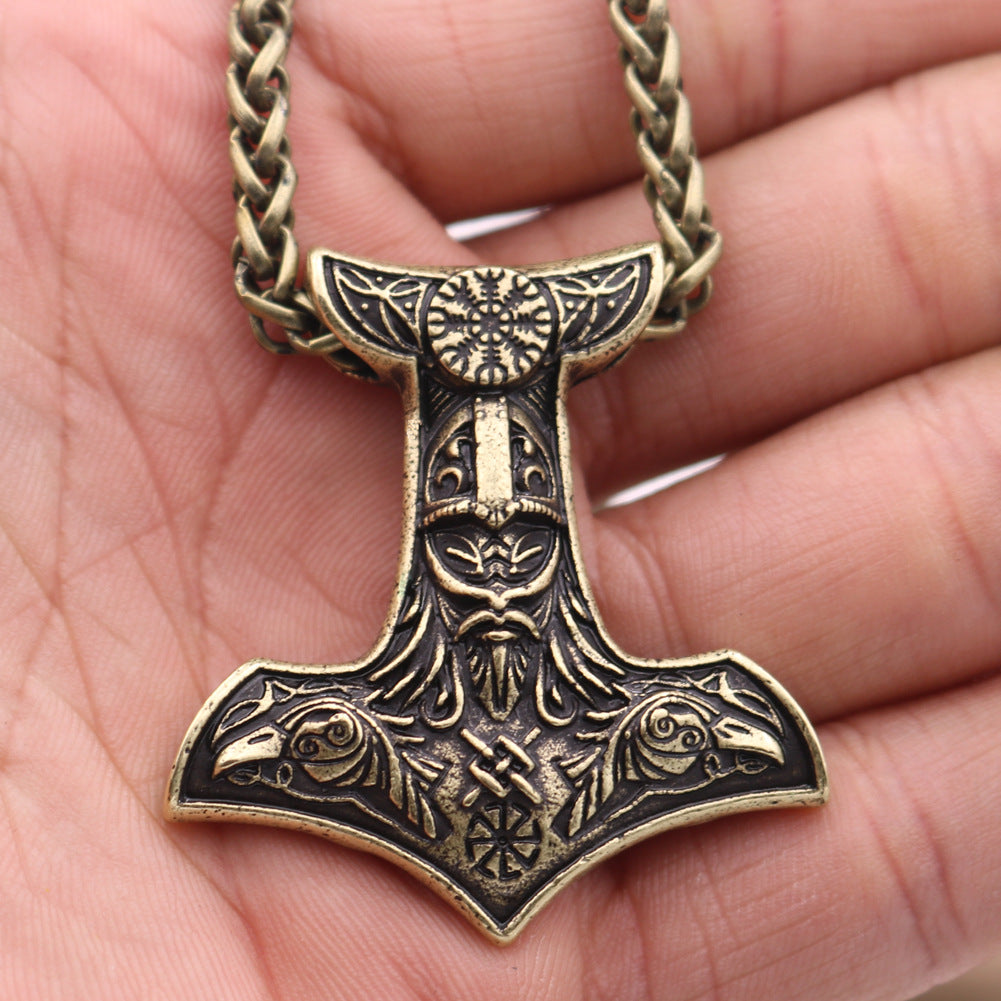 Norse Legacy Double-sided Viking Odin Crow and Thor Hammer Pendant Necklace for Men