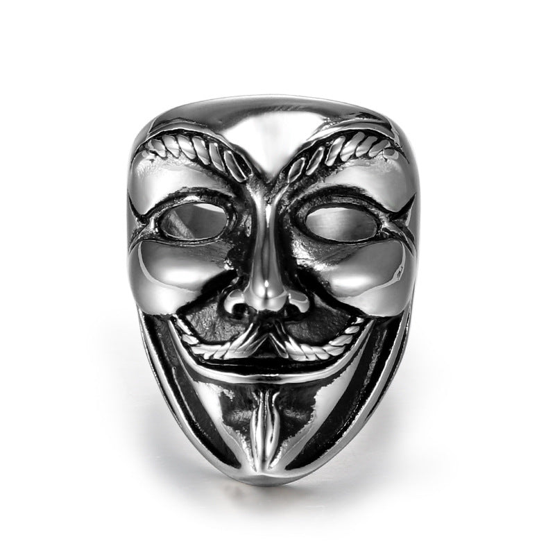 V-shaped Titanium Steel Vendetta Ring Inspired by European and American Film, Clown Mask Design for Men