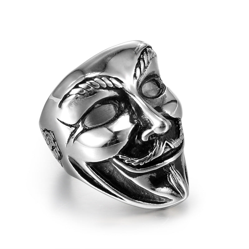 V-shaped Titanium Steel Vendetta Ring Inspired by European and American Film, Clown Mask Design for Men