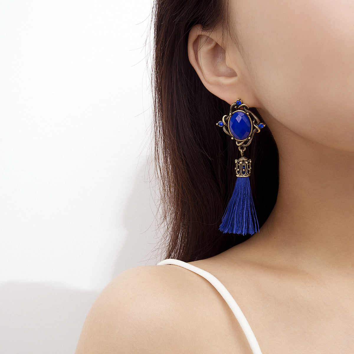 Bohemian Round Earrings with Diamond Pendant and Tassel Detail