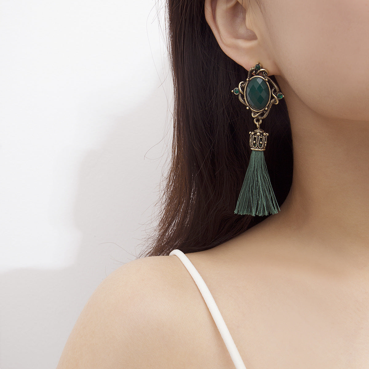 Bohemian Round Earrings with Diamond Pendant and Tassel Detail