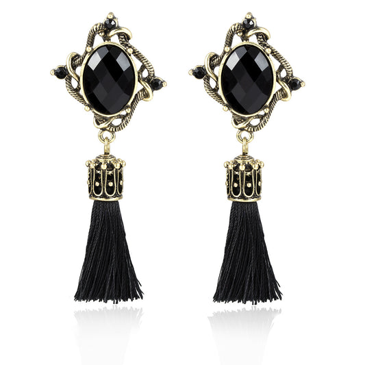 Bohemian Round Earrings with Diamond Pendant and Tassel Detail