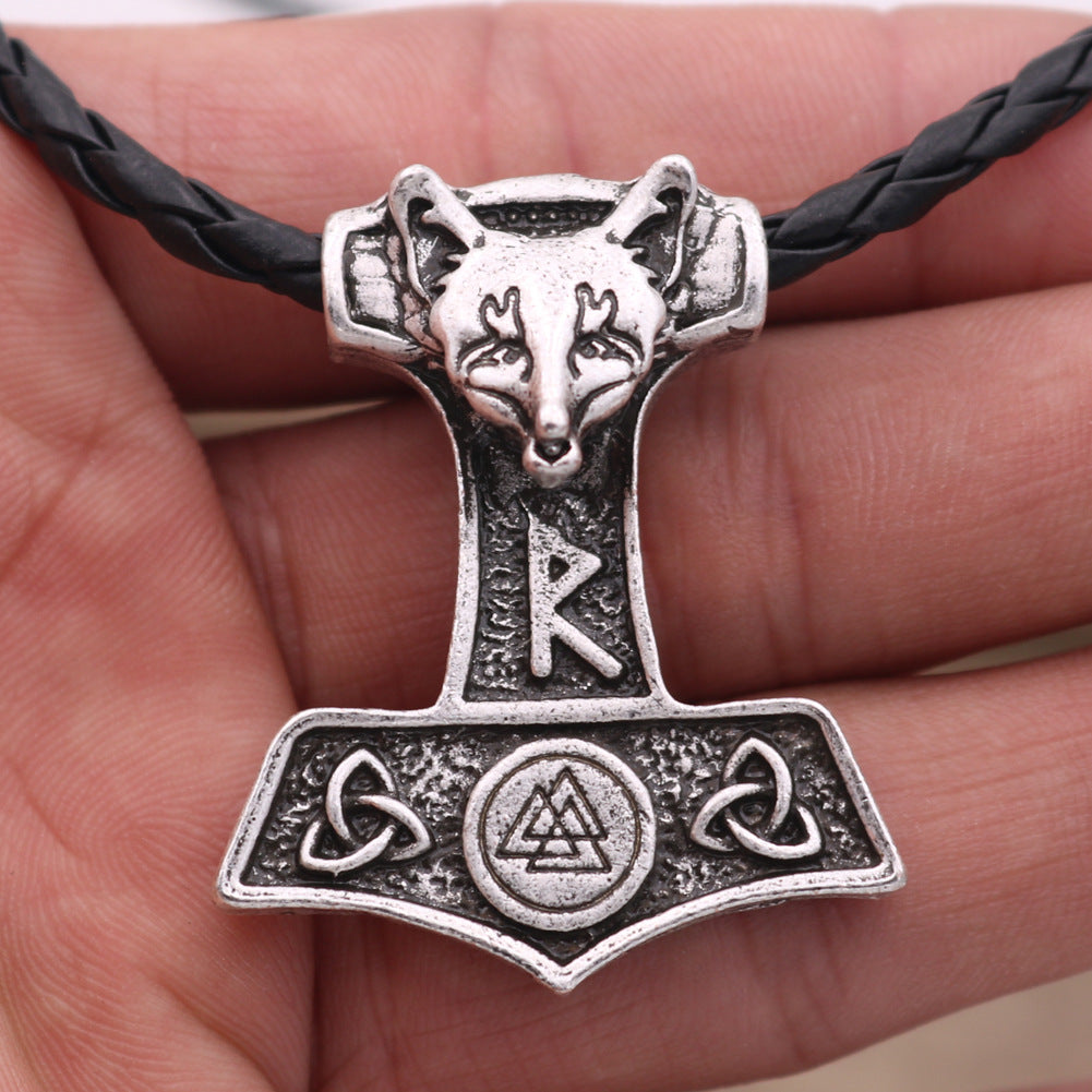 Viking Thor's Hammer Necklace with Norse Symbols - Men's Metal Amulet