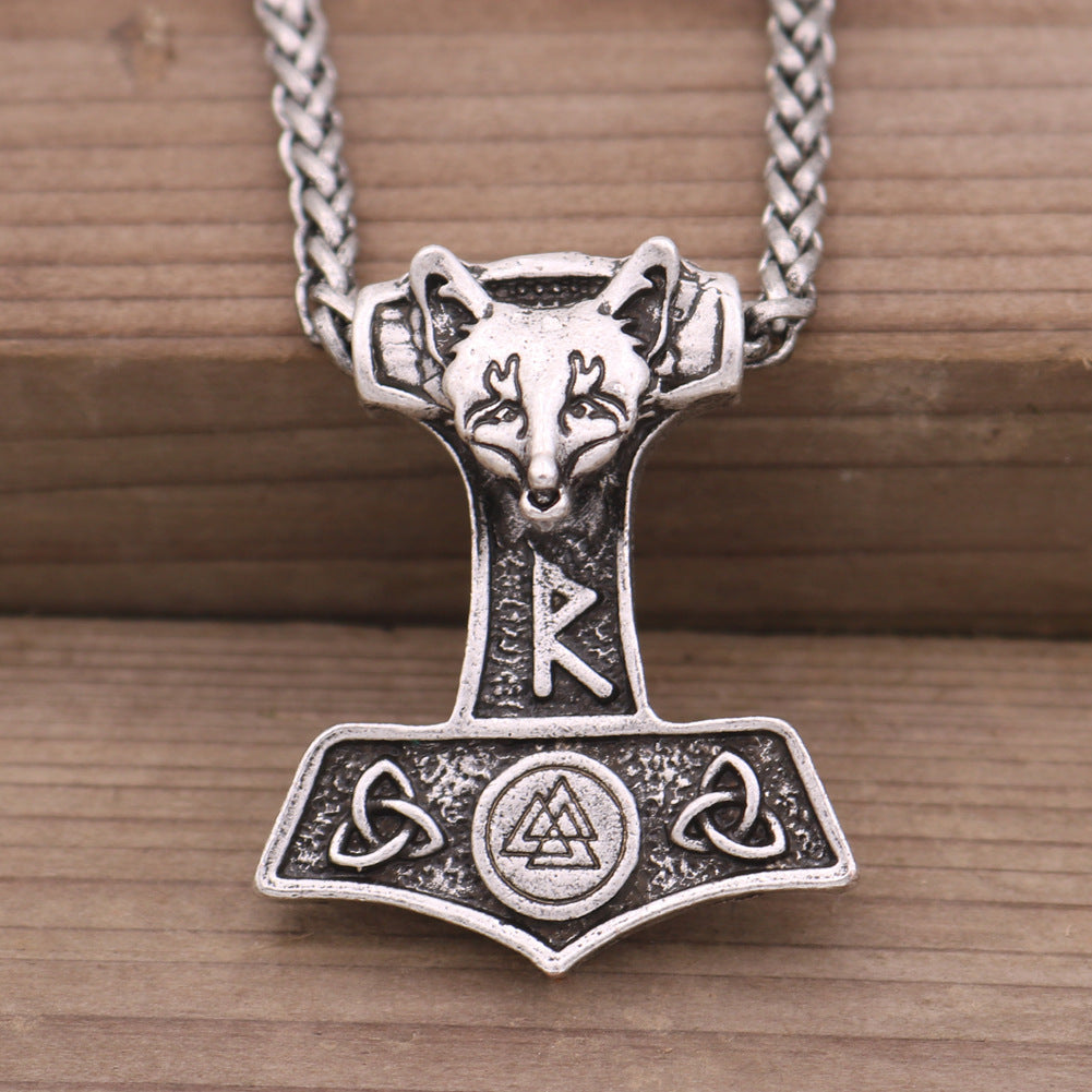 Viking Thor's Hammer Necklace with Norse Symbols - Men's Metal Amulet