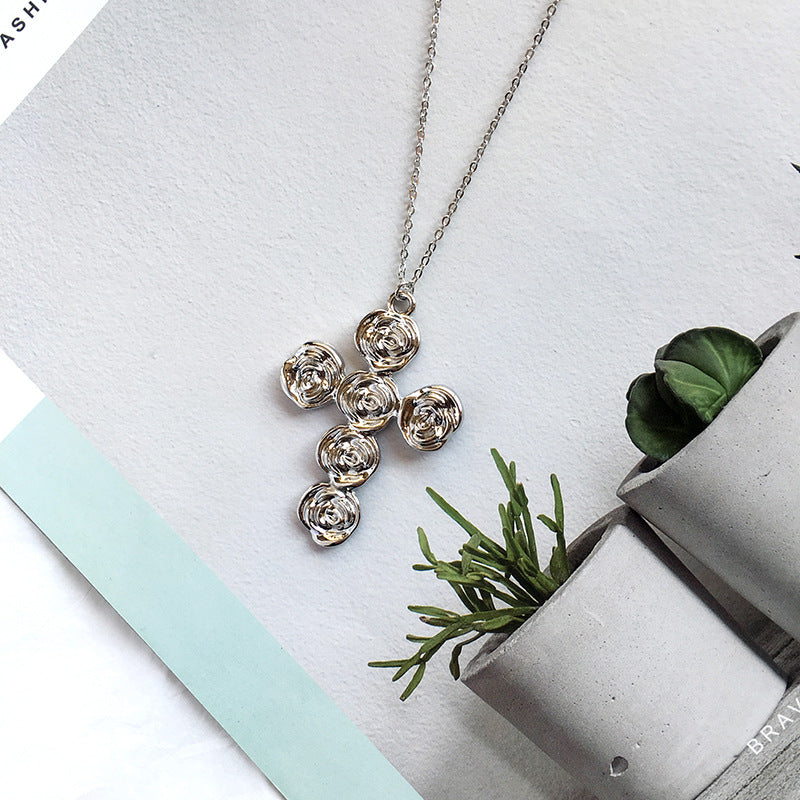 Exaggerated Retro Rose Cross Necklace with European Charm