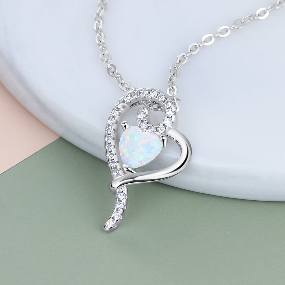 Oblique Heart Pendant with Heart Shape Opal Zircon Sterling Silver Necklace