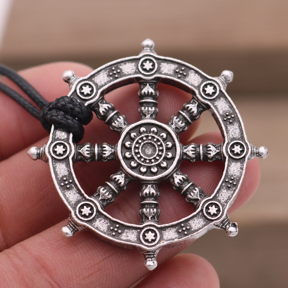 Viking Compass Ship Wheel Necklace with Norse Myth Rune Pendant - Retro Men's Neckpiece