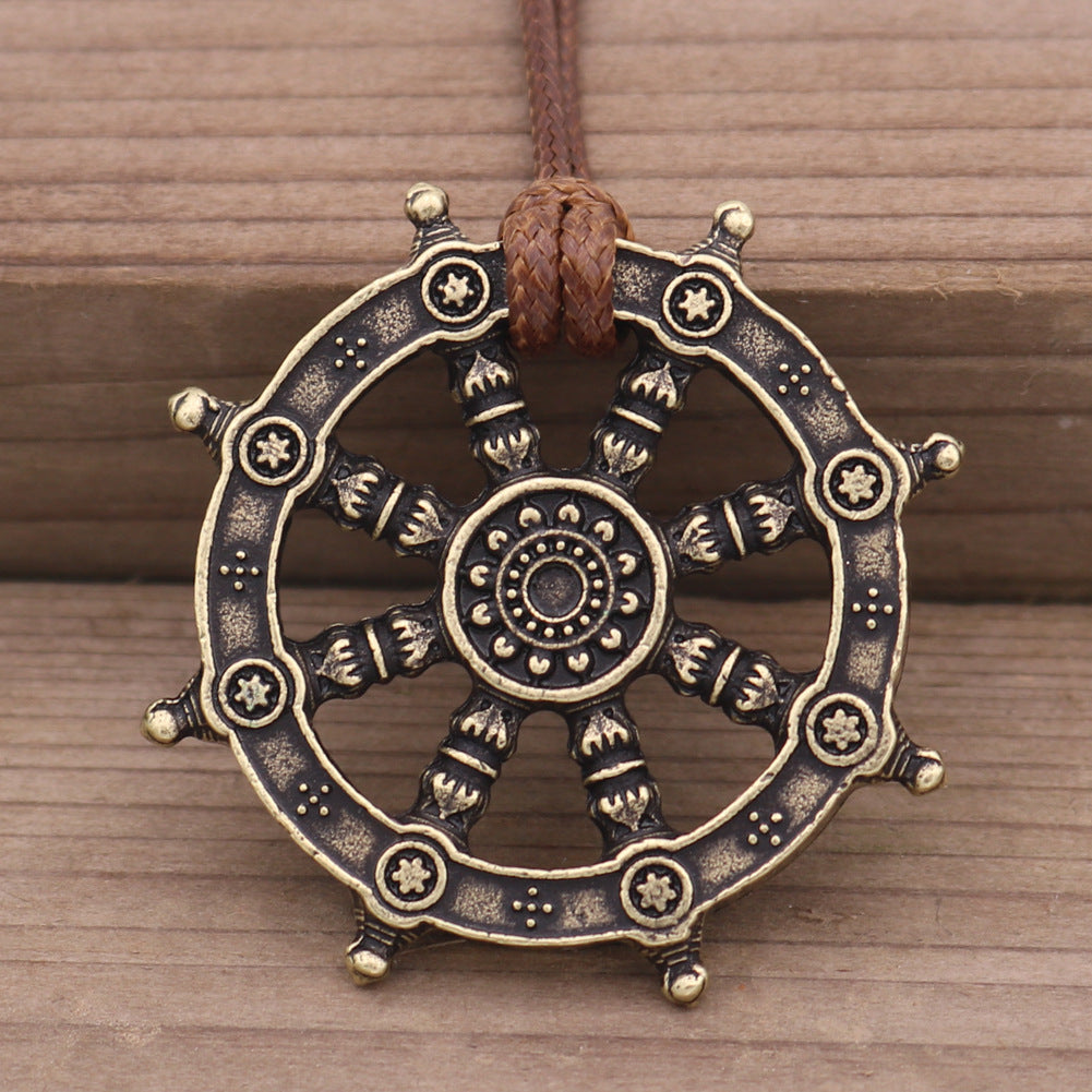 Viking Compass Ship Wheel Necklace with Norse Myth Rune Pendant - Retro Men's Neckpiece