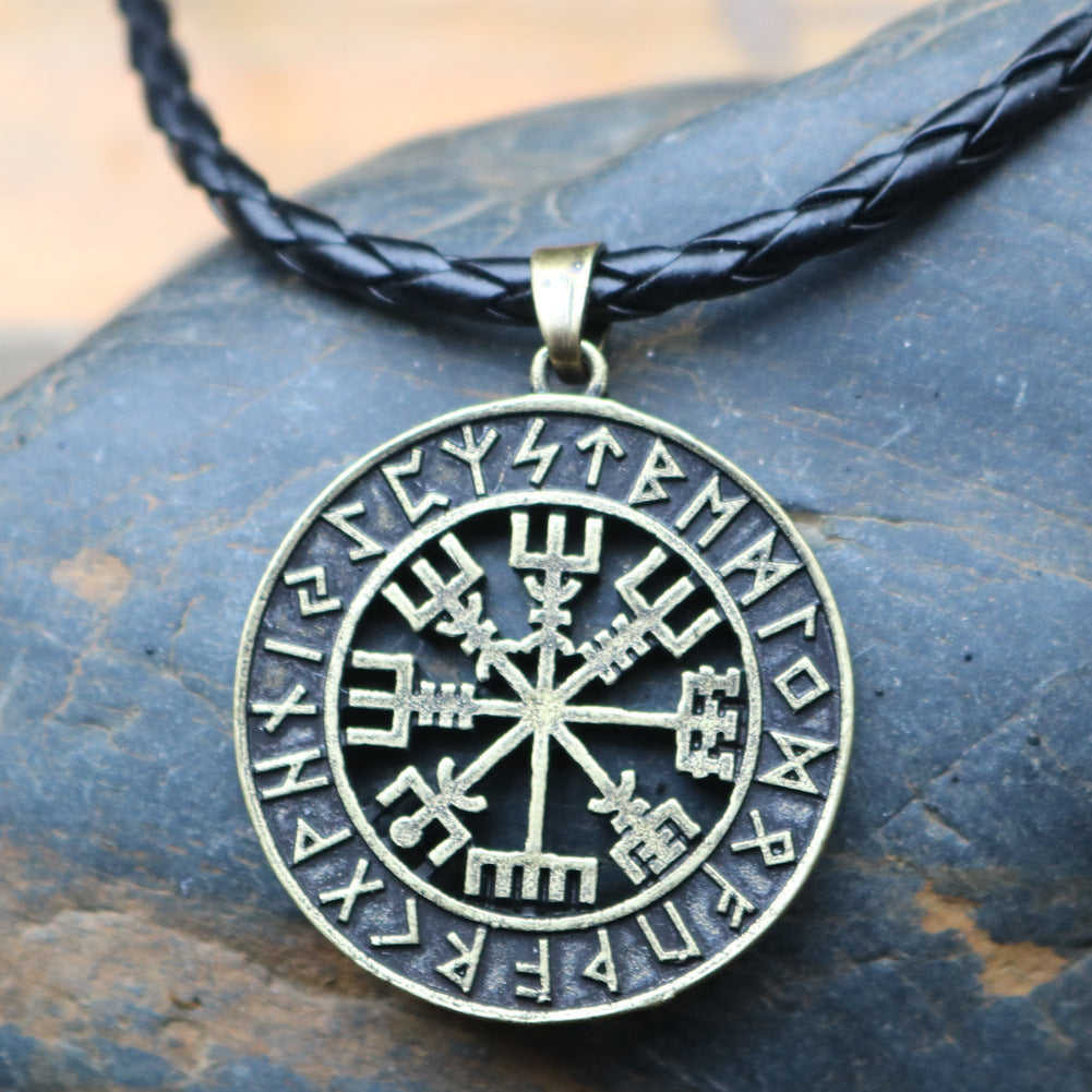 Viking Compass Odin Logo Necklace - Nordic Runavon Metal Pendant